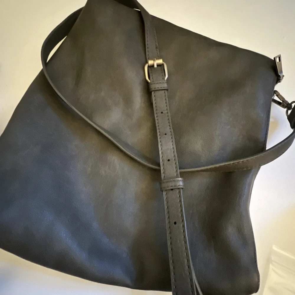 Antik Kraft Supple Faux‎ Leather Crossbody Hobo Bag Dark Charcoal Grey Zipper